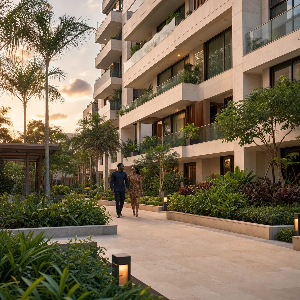 Residents walking through a landscaped contemporary apartment development in Lagos