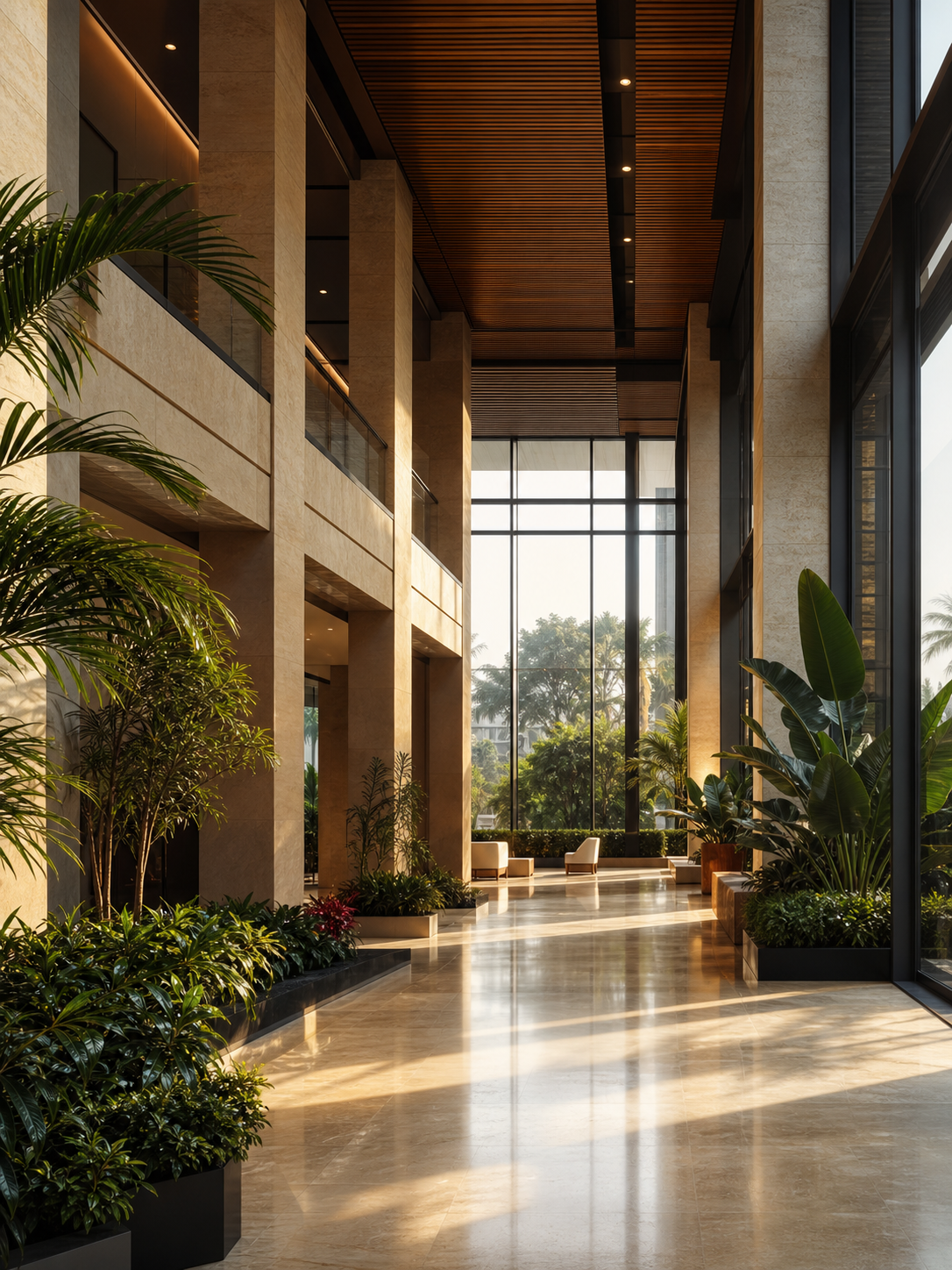 Sunlit modern atrium with tropical planting and polished stone finishes